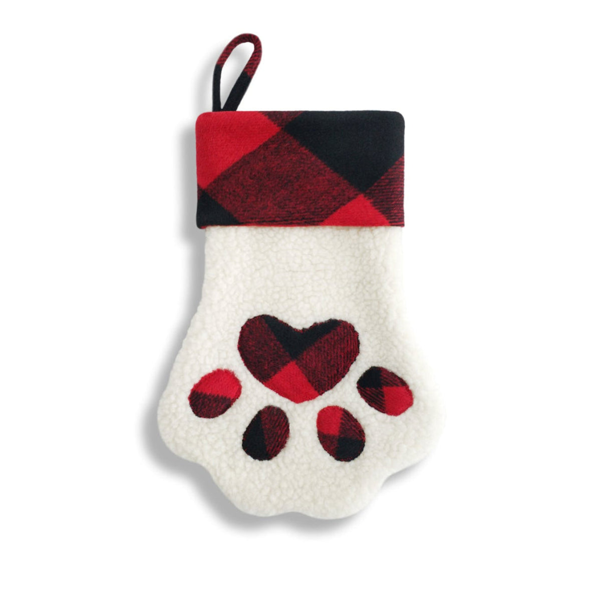 Faux Sherpa Dog Paw Stocking with Red Plaid Cuff | Gigi Seasons