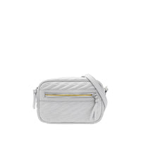 Audrey Light Grey Vegan Leather Crossbody Camera Bag with Lightning Bolt Stitching Detail and Yellow Lining. Pantone 2021 Colors of the Year.
