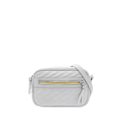 Audrey Light Grey Vegan Leather Crossbody Camera Bag with Lightning Bolt Stitching Detail and Yellow Lining. Pantone 2021 Colors of the Year.